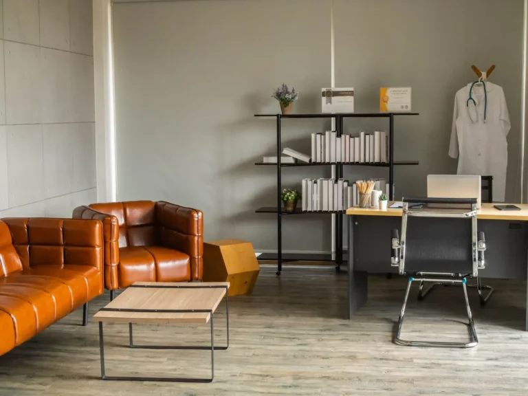 medical coworking space with leather chairs in a bright room